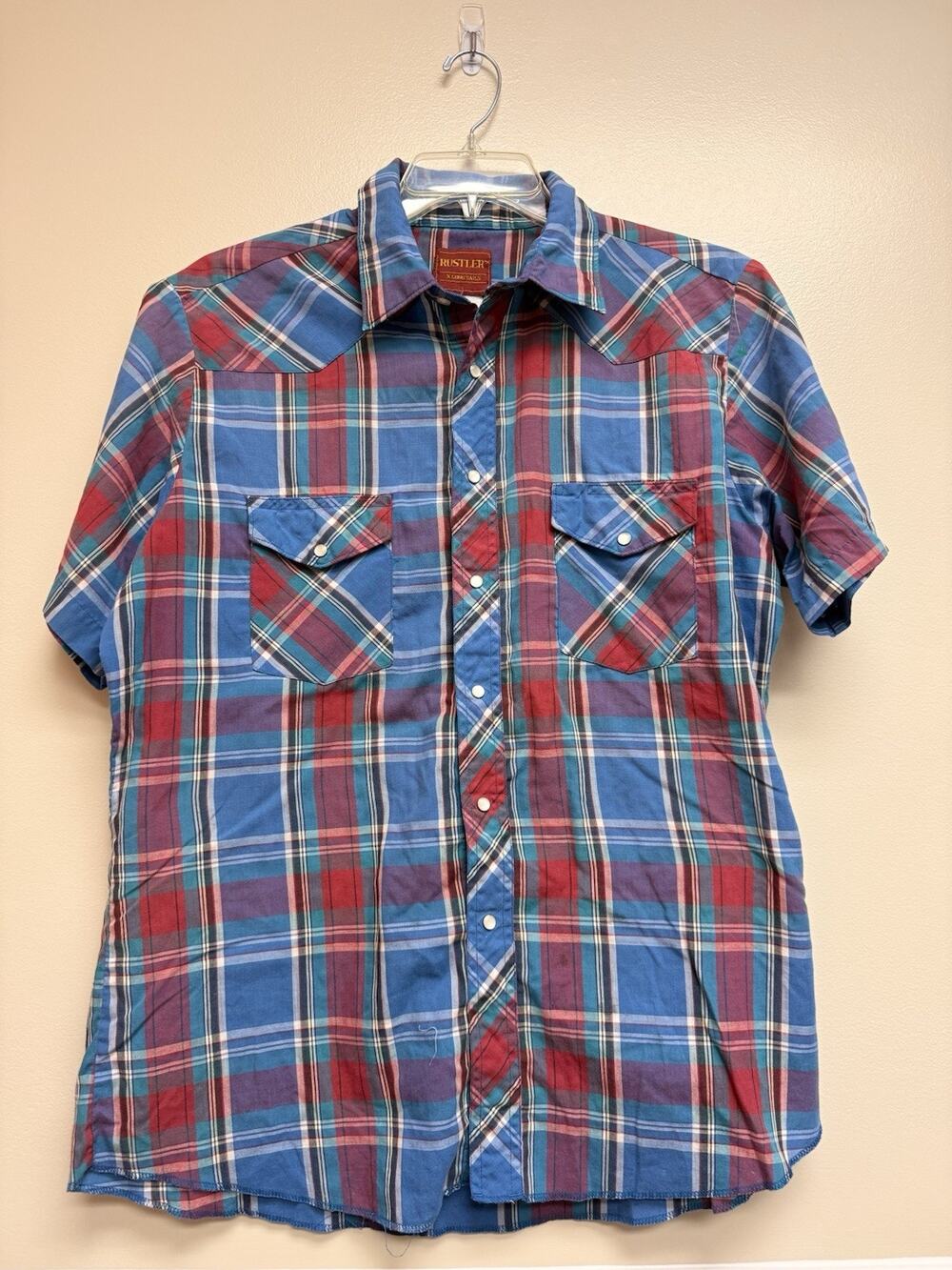Rustler Men's Short Sleeve Shirt Small Vintage X-Long Tail Pearl Snap Blue Red
